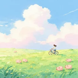 landscape, a girl on a bicycle, pigs, gentle gradients, sunlit, blue sky with fluffy clouds, green and pink and blue, bright pastel watercolour and pen, by shomei yoh