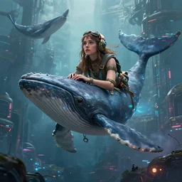 masterpiece concept art, a beautiful highly detailed whalepunk lady fly near techno world, emotional, cinematic moody colors, realistic shaded lighting poster by ilya kuvshinov, magali villeneuve, artgerm, jeremy lipkin and michael garmash and rob rey,