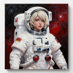 Thick layered acrylic painting of a hopeful pretty astronaut lady with a wavy blonde hair, 4k resolution, nier:automata inspired, bravely default inspired, vibrant but dreary but upflifting red, black and white color scheme!!! ((Space nebula background))