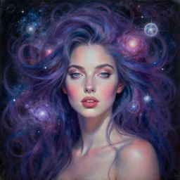 beautiful portrait painting of woman with the cosmos as her hair.