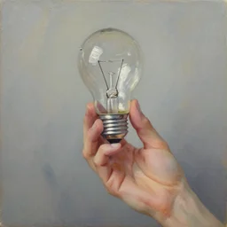 An impressionist oil painting of a hand holding a broken light bulb