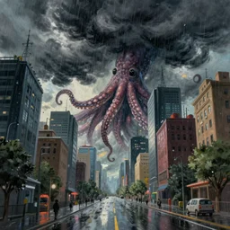 raining. dark clouds with stormy squid tentacles in sky. very low angle. very detailed painting by ghibli studios, futuristic. dreamlike. weird. horrific. wet asphalt. city street at 1 9 5 0 s. low angle. atmospheric. skyscrapers. vivid colours, mysterious. epic scene. trending on trainstation. 4 k. very high detailed.