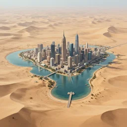 a city built on water surrounded by an infinite sand desert, digital painting, trending on art station, highly detailed, intricate, diffuse lighting, art by craig mullins, greg rutkowski