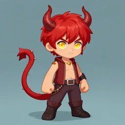 a red haired boy with golden eyes and demon horns and a spiked tail. By Mandy Jurgens