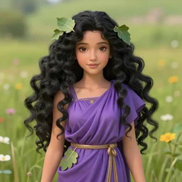 portrait, cute young virgin maria, beautiful body, purple greek robe, long curly black hair, meadow, very detailed, ornate, fig leaves, character illustration, soft lighting, octane render, greg rutkowski, alphonse mucha, sung choi, 8 k, vibrant