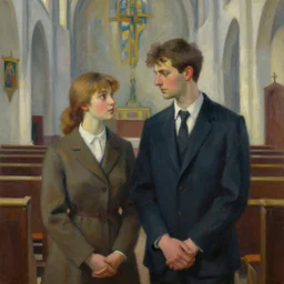 a beautiful painting of two people in the church, greg rutkowski style, trending on artstation