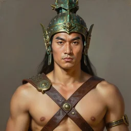 smart tai warlord, closeup portrait, smooth - faced, historical hero, ethnic group, tai costume, bronze headdress, intricate, with leather armor cross on bare chest, elegant, loin cloth, highly detailed, oil painting, artstation, concept art, matte, sharp focus, illustration, hearthstone, art by earl norem