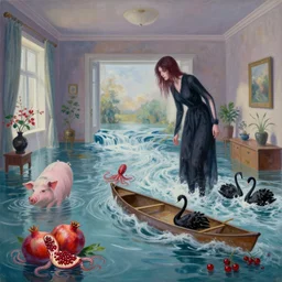 tall female emo artists in their flooded apartment, painting of flood waters inside an artist's home, a river flooding indoors, pomegranates, pigs, ikebana, zen, water, octopus, river, rapids, waterfall, black swans, canoe, berries, acrylic on canvas, surrealist, by magritte and monet