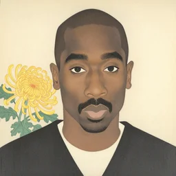 a stylized minimalist portrait of tupac, a chrysanthemum. shin hanga and kawanabe kyosai and cory loftis and rossdraws and wlop
