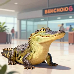 curious indian gharial patiently waiting at the airport terminal, digital art, artstation, colorful