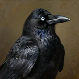portrait of a black crow from behind looking over his shoulders with a sparkle in the eye, oil painting in the style of bieter bruegel the elder, highly detailed and crisp render of distressed feathers, eyes made out of reflective chrome like a mirror