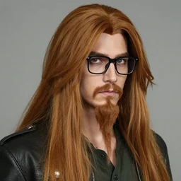 a guy with very long chestnut! hair, with nerdy glasses and goatee, cosplay of solid snake