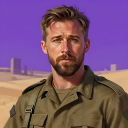 purple scene lighting, detailed character portrait!!! concept art, ryan gosling as a soldier with beard, short hair, in a soldier uniform, desert with city in the background, sharp focus, illustration, highly detailed, digital painting, concept art, matte, art by wlop and artgerm and greg rutkowski, masterpiece