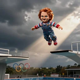 screaming chucky doll performing high dive at olympics