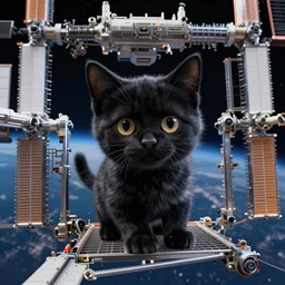 black kitten inside international space station, artstationhd, cinema 4 d, cgsociety, octane render, trending on artstation, unreal engine, detailed fur
