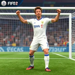 screenshoot of robert downey jr as football player on fifa 2 2 pc gameplay, celebrate goal, hyperdetailed ultrasharp octane render