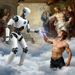 modern mechanical robot on the clouds is touching an athletic human man with lightning fingers, hal 9 0 0 0, classical religious painting, michelangelo, concept art, stanley kubrick