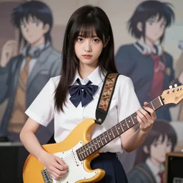 a cute girl wearing school uniform playing electric guitar | | really good looking face!!, realistic shaded perfect face, good shape guitar, fine details, anime, realistic shaded lighting poster by ilya kuvshinov katsuhiro otomo ghost - in - the - shell, magali villeneuve, artgerm, jeremy lipkin and michael garmash and rob reyt