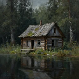 a beautiful painting of of an old abandoned creepy log cabin by a lake, forest of nightmares by greg rutkowski and kalin popov, trending on artstation, masterpiece,