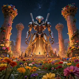a beautiful up close view of a mechanical mystical alien shrine in a field of multicolored colored flowers, underneath a star filled night sky, warm coloured, gigantic pillars and flowers, maschinen krieger, beeple, star trek, star wars, ilm, atmospheric perspective
