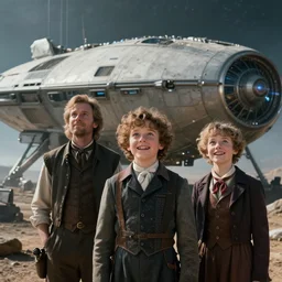 extremely sharply detailed, from blockbuster 8 k sci fi color movie freeze frame, set in 1 8 6 0, family standing in front of a crashed spaceship, on alien planet, looking happy, wearing 1 8 5 0 s era clothes, atmospheric lighting, in focus, reflective eyes, - 7 0 mm macro lens, live action, nice composition, good photography, clear facial details