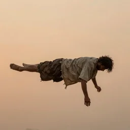 starving man floating and facing away, wearing rags, hazy orange background, trending on artstation, incredibly detailed, realistic, personal