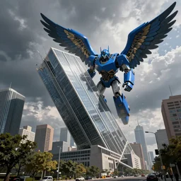 giant blue robot with wings hold falling modern skyscraper, extra - long shot, view from the street, jakub rozalski art style, dramatic, detailed