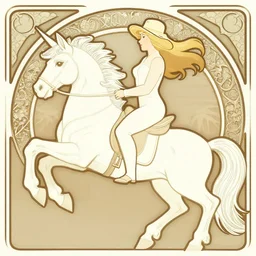 Cass Elliot riding a unicorn, Art Nouveau style