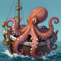 The octopus is a captain and steers the ship, highly detailed, fantasy art