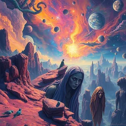 a psychedelic landscape at the edge of the known universe, astral beings sharing love in the style of greg rutkowski and wlop and lisa frank and bob ross and ruan jia