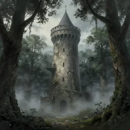an archaic tower looming over a grove of ancient trees, in the style of ayami kojima and kentaro miura, grim, thick mist, cracked walls, realistic digital painting, realistic colors, medieval, dark fantasy, very detailed
