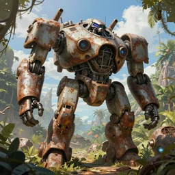 a hyperrealistic hyperdetailed matte matte painting of a gigantic rusty and broken old battlemech on alien jungle planet, sunny weather, a detailed matte painting by jim burns and christophe vacher, hires render, hires, 8 k, 4 k, ambient light, light occlusion