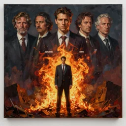 infront view, one men in suite standing alone and burning in fire flames, piotr jablonski, tim hildebrandt, mark maggiori, jeff dekal, long shot, hyperrealistic oil painting on canvas, deep depth field, cinematic composition, hyper - detailed, hdr, 8 k, 4 k