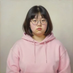 portrait of a slightly overweight korean girl with a Bob cut, bedhead, wearing round glasses, wearing a pastel pink hoodie, oil on canvas, elegant pose, masterpiece, Jonathan Yeo painting