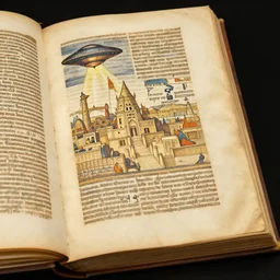ufo attacking an ancient city, mesopotamia, photo of a 1 5 th century codex book, 8 k