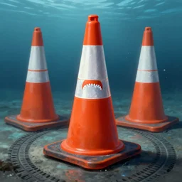 orange and white reflective traffic cone great white shark eyes and teeth, tyre mark, wide shot, underwater background detailed atmospheric - ron cheng & alphonse mucha, highly detailed, digital painting, ray tracing, concept art, illustration, smooth sharp focus, intricate, symmetry, artstation,