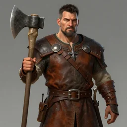 portrait, 50 years old man :: short, stocky build :: dark, short hair and a whisker :: medieval leather workwear :: lumberjack axe :: high detail, digital art, fantasy, RPG, concept art, illustration