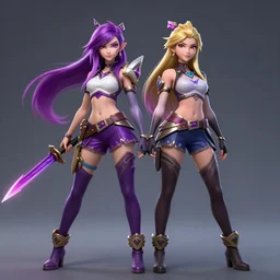 star guardian xayah and star guardian kai'sa!!!!!!!!!! friends together, league of legends, star guardian xayah, full body photo, star guardian kai'sa, hyperrealistic, realistic, high definition, by weta digital, 3 - dimensional, realistic