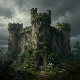an old castle covered by plants with moody and cinematic lighting by greg ruthkowski and craig mullins, cinematic and atmospheric, concept art, artstation, trending on artstation