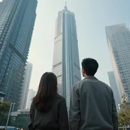 one man and one woman looking up at dystopian skyscrapers
