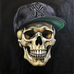 a painting of a rapper's skull with a baseball cap, hiphop, intricate, dark colour scheme