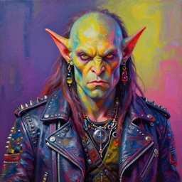 a medium shot portrait of a scifi post apocalyptic orcish biker character, psychedelic vibrant colors, futuristic punk rock fashion, oil painting by michael whelan art, sharp focus, realistic, perfect face, detailed eyes, highly detailed, long hair, studded leather jacket, 8 k