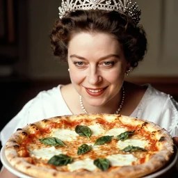 historical photo of queen margherita ( savoy ) smiling seductively at her pizza margherita, closeup photo, portrait photo, diffuse light, acclaimed masterpiece