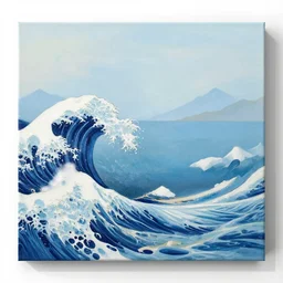 a painting of waves in the ocean with mountains in the corners, canvas, acrylic paint, by andy warhol, by roy liechtestein, isometric