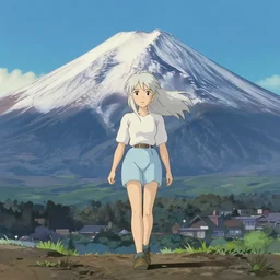 beautiful blond silver hair young woman walking up Mount Fuji, studio ghibli