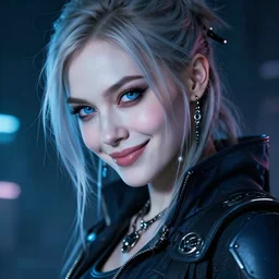 beautiful scottish cyberpunk woman with blue eyes and pale face, exuding anima, smiling coyly, energetic, photo realism