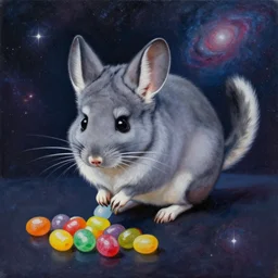 oil painting of chinchilla with mean look in space with galaxy in background pooping rainbox jellybeans, rainbow jellybeans under chinchilla's tail