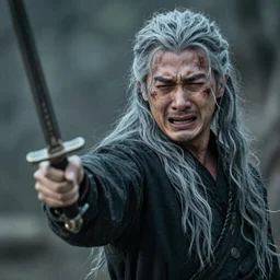 man with a long grey hair and scars on his face pointing his sword towards while he's crying