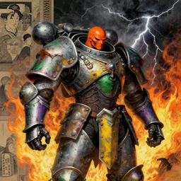 composition of gothic and futuristic, warhammer, cyber fight japan style armor, more and more scars, thunderstorm, firestorm, orange head, some green and purple, yellow, the middle ages, highly detailed, artstation, in the style of moebius, jugendstil and classic japanese print, art by by rene magritte, jean delville