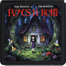 a professionally painted anime vhs film cover for a film by yuji ikehata and satoshi kon and tim burton, of a miserable goth vampire bat woman learning how to live in an empty cottage by herself in the middle of the woods, old vintage vhs, scan lines, grainy quality, real anime, fairies